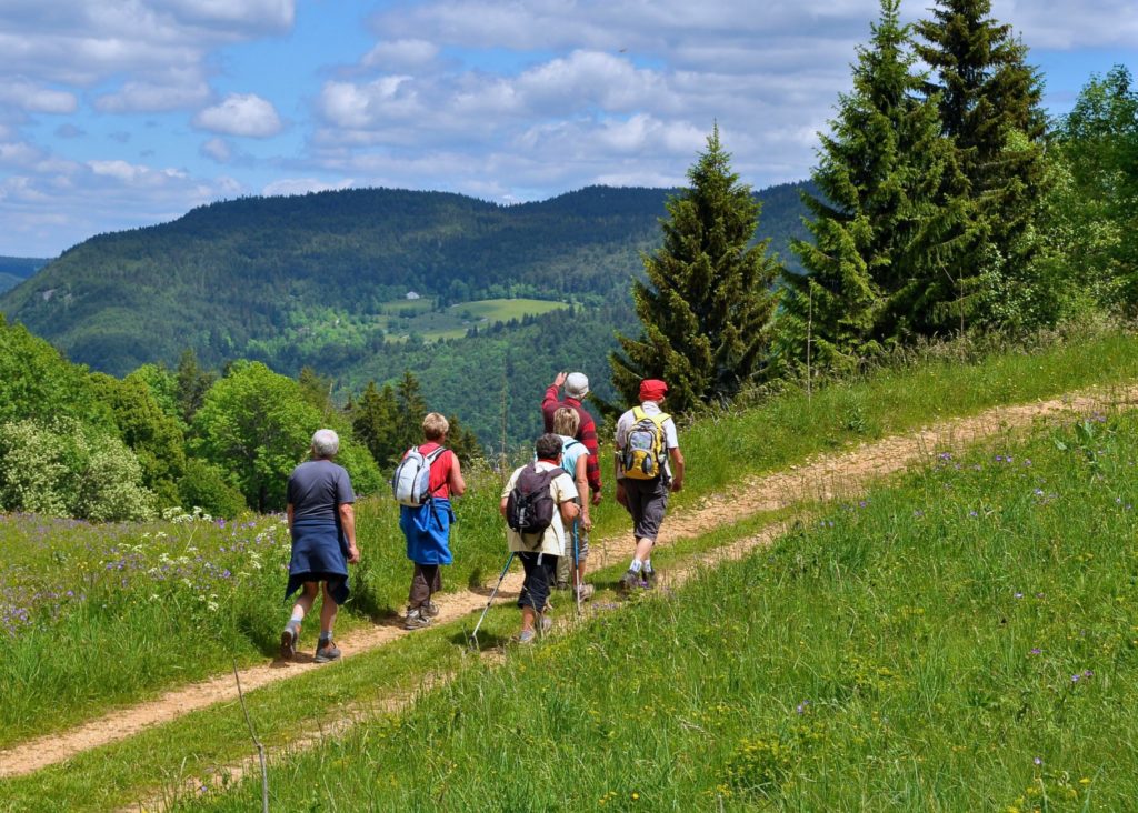 Groupe de randonneurs dans le Haut-Jura © Jack Carrot/Jura Tourisme