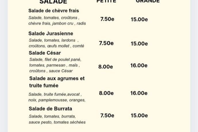 Carte restaurant de l’école hors menus du jour