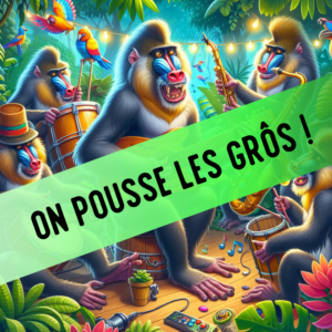 Un-groupe-de-mandrills-colorés-jouant-de-la-musique-dans-une-jungle-tropicale.-L’un-joue-de-la-guita